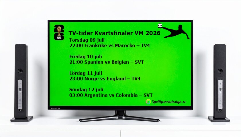Kvartsfinaler VM 2026 TV-tider med Speltipsochdesign.se