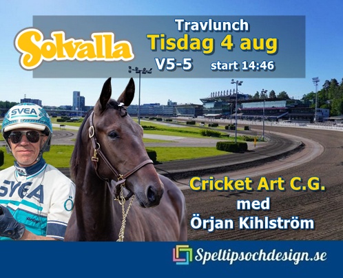 Speltipsochdesign.se på stallbacken när vår andelshäst Cricket Art C.G. får Örjan Kihlström i sulkyn på Solvalla lunchtrav tisdag 4 augusti - God lunch till spännande travunderhållning!