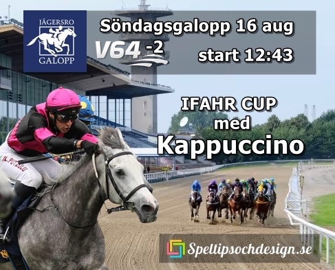Vår andelshäst Kappuccino tar en långresa till Jägersro galopp och startar i IFAHR Cup V64-2 söndag 16 augusti - Speltipsochdesign.se